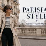 Parisian Style inspiration featuring a woman wearing a classic trench coat, striped top, and timeless French fashion on a Paris street with the Eiffel Tower in the background.