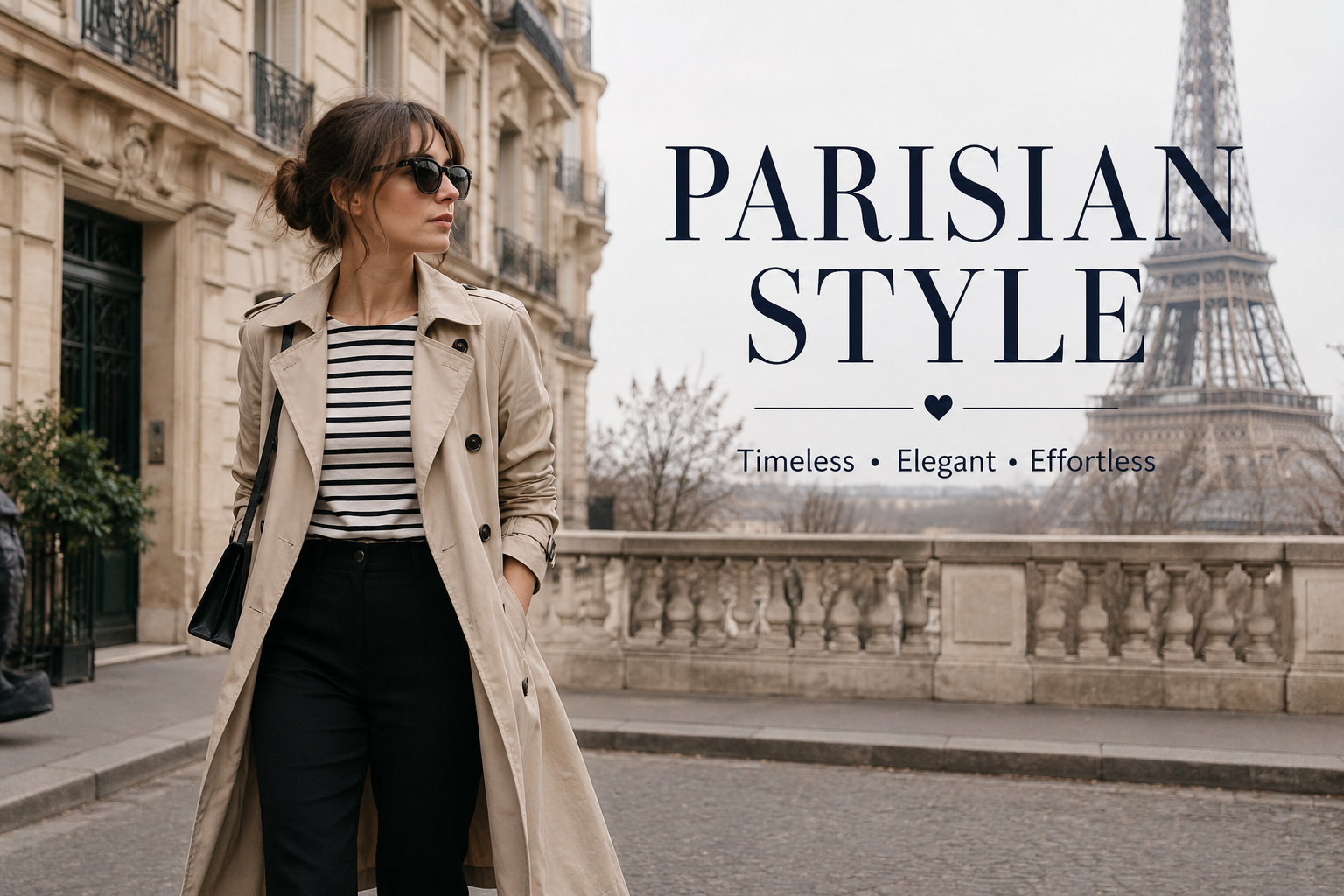Parisian Style inspiration featuring a woman wearing a classic trench coat, striped top, and timeless French fashion on a Paris street with the Eiffel Tower in the background.