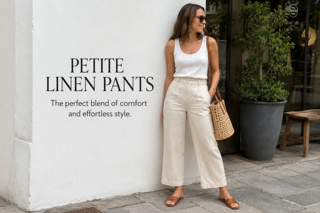 Petite linen pants styled with a white sleeveless top for a comfortable and elegant summer outfit. Alternative Alt Text: Woman wearing petite linen pants with a casual chic summer look in breathable linen fabric.