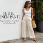 Petite linen pants styled with a white sleeveless top for a comfortable and elegant summer outfit. Alternative Alt Text: Woman wearing petite linen pants with a casual chic summer look in breathable linen fabric.