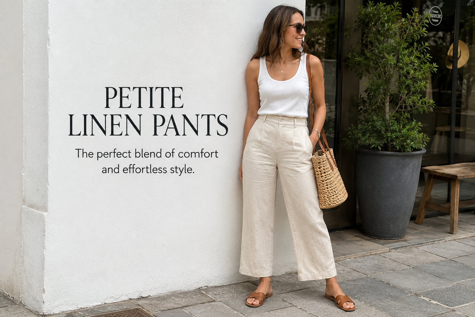 Petite linen pants styled with a white sleeveless top for a comfortable and elegant summer outfit. Alternative Alt Text: Woman wearing petite linen pants with a casual chic summer look in breathable linen fabric.