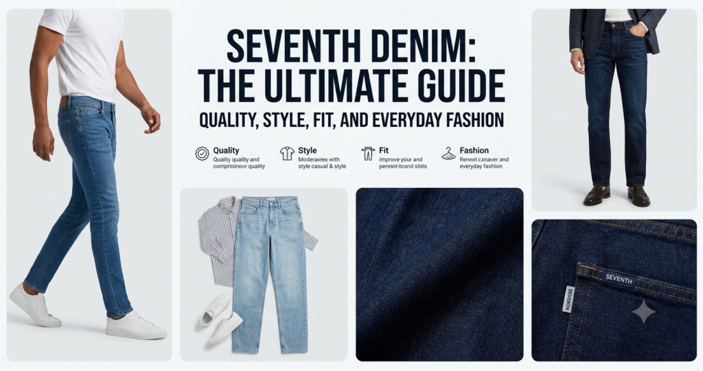 Complete fashion guide for Seventh Denim showcasing different jean fits, including a casual look with a white T-shirt and dark wash jeans with a blazer, alongside premium fabric textures.
