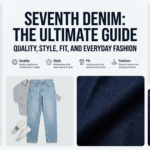 Complete fashion guide for Seventh Denim showcasing different jean fits, including a casual look with a white T-shirt and dark wash jeans with a blazer, alongside premium fabric textures.