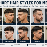 Short Hair Styles for Men infographic featuring popular men's haircuts including crew cut, buzz cut, French crop, textured crop, side part, taper cut, comb over, curly top fade, textured quiff, and high fade for modern grooming inspiration.