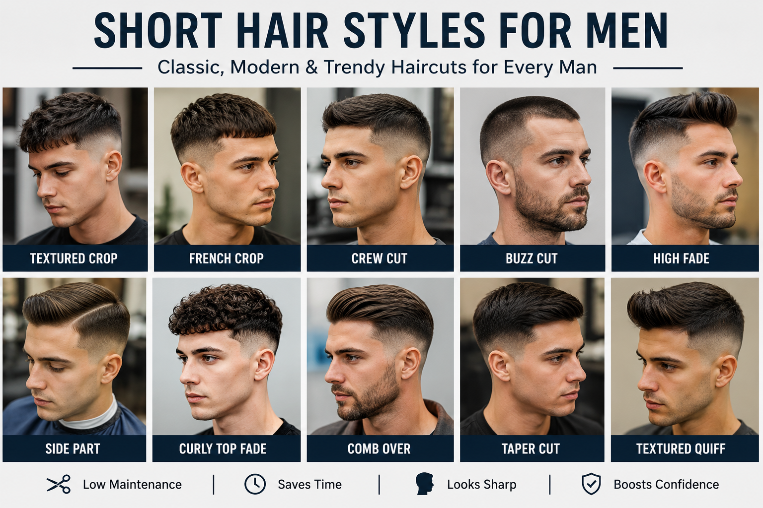 Short Hair Styles for Men infographic featuring popular men's haircuts including crew cut, buzz cut, French crop, textured crop, side part, taper cut, comb over, curly top fade, textured quiff, and high fade for modern grooming inspiration.