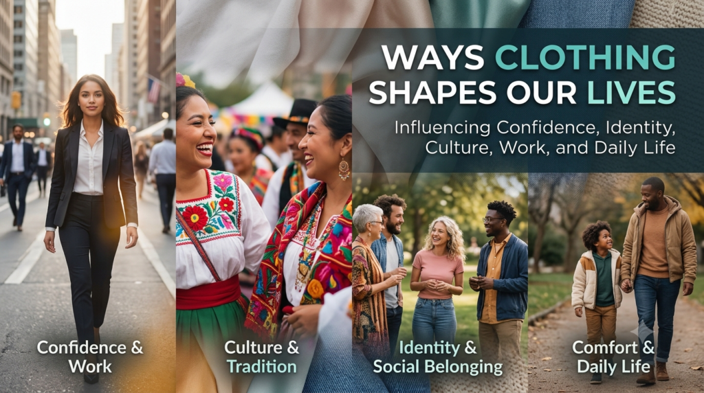 A split-panel featured image titled "Ways Clothing Shapes Our Lives," illustrating how fashion influences confidence, identity, culture, and daily life through four distinct lifestyle photos: a woman in a sharp business suit, people wearing vibrant traditional garments, friends in casual attire, and a family walking in comfortable clothes.