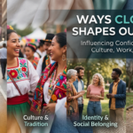 A split-panel featured image titled "Ways Clothing Shapes Our Lives," illustrating how fashion influences confidence, identity, culture, and daily life through four distinct lifestyle photos: a woman in a sharp business suit, people wearing vibrant traditional garments, friends in casual attire, and a family walking in comfortable clothes.