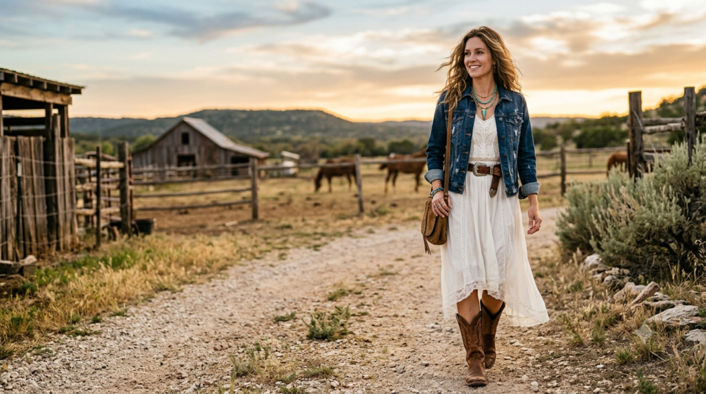 A woman walking on a ranch path showcasing modern western chic fashion with a denim jacket, white dress, and cowboy boots.