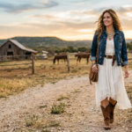 A woman walking on a ranch path showcasing modern western chic fashion with a denim jacket, white dress, and cowboy boots.