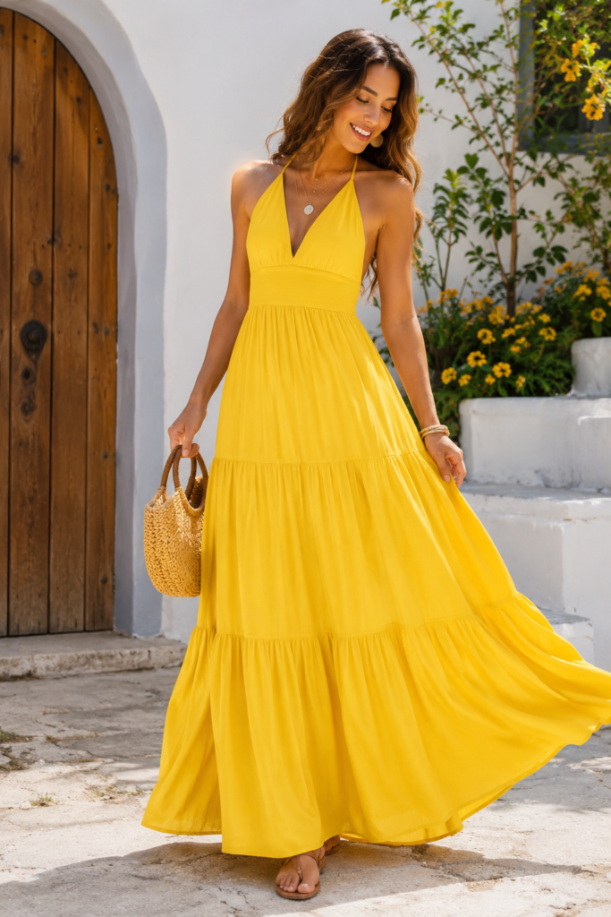 Woman wearing a yellow maxi dress in a sunny outdoor courtyard