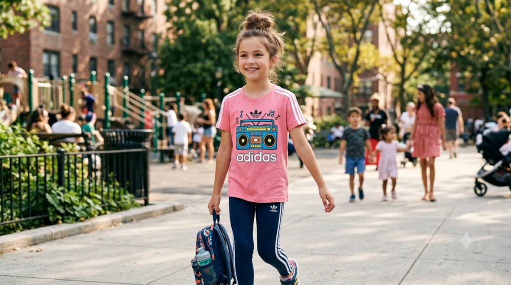A young girl walking confidently through a busy park playground, wearing a vibrant pink adidas cotton t-shirt with a colorful retro boombox graphic on the front, paired with navy blue sporty leggings and carrying a small backpack.