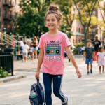 A young girl walking confidently through a busy park playground, wearing a vibrant pink adidas cotton t-shirt with a colorful retro boombox graphic on the front, paired with navy blue sporty leggings and carrying a small backpack.